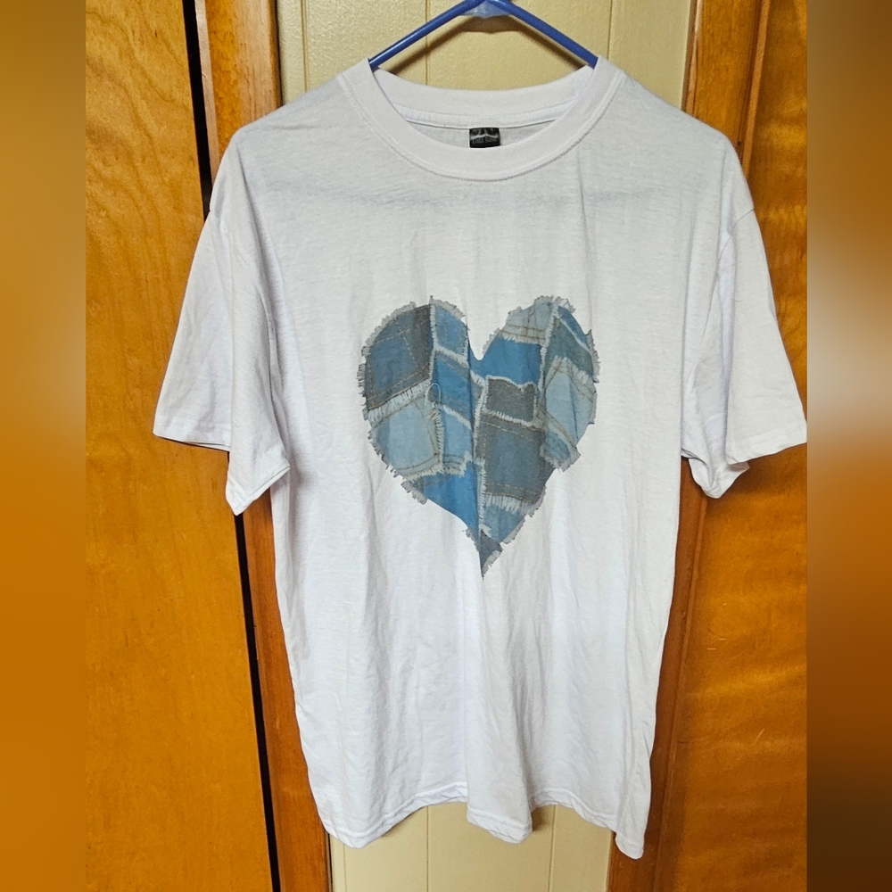 Zara White Tee with Blue Heart Patch
